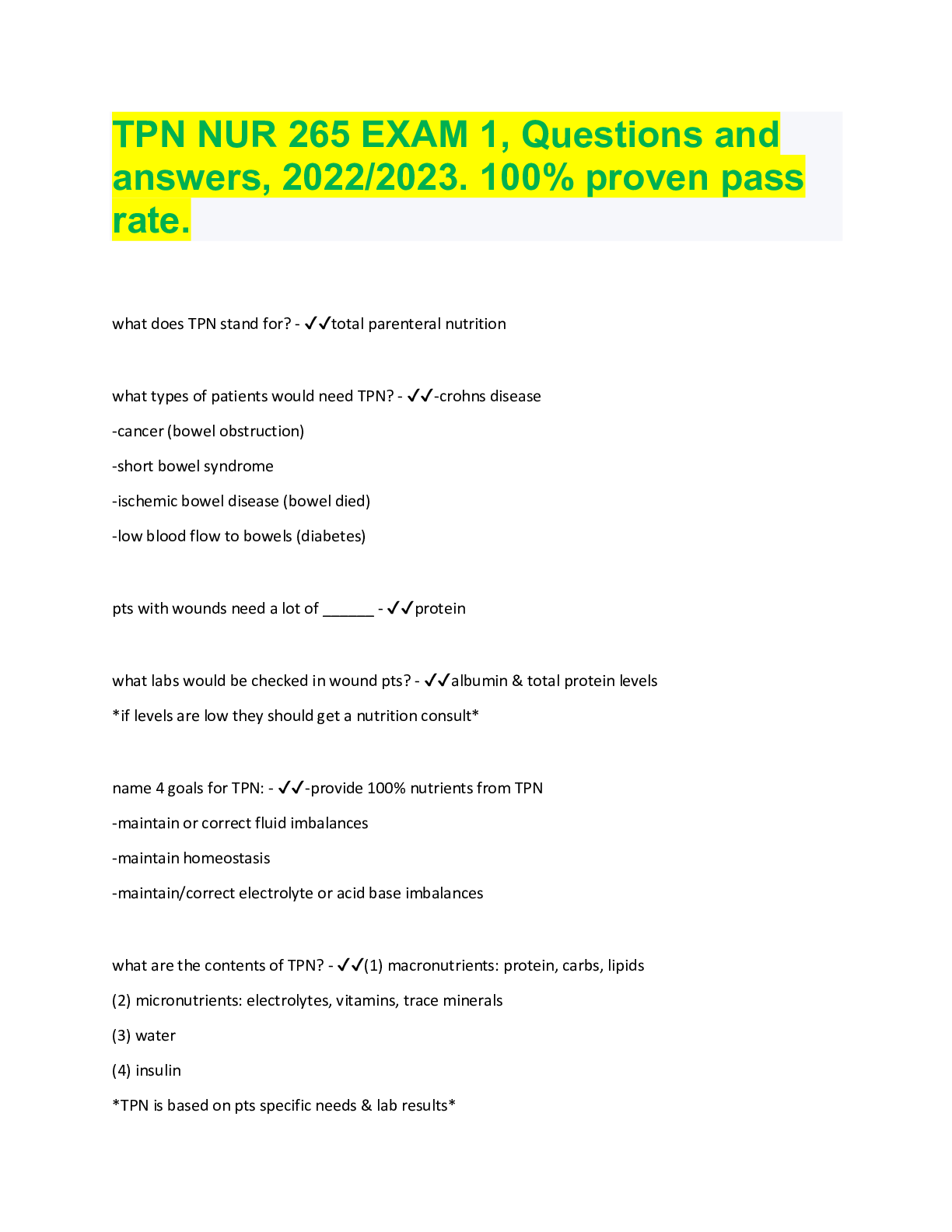 TPN NUR 265 EXAM 1, Questions and answers, 2022/2023. 100 proven pass rate. Browsegrades